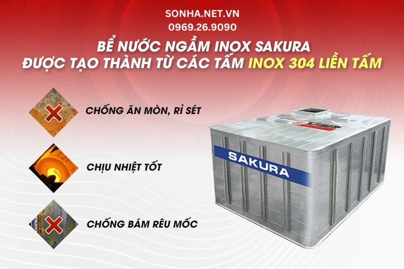 Bể nước ngầm inox Sakura được làm từ inox 304 cao cấp