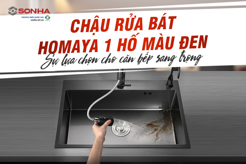 Bồn rửa chén đá 1 hố cao cấp Homaya màu đen kt 600×450 thiết kế tinh tế, sang trọng