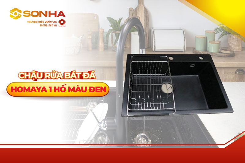 Chậu rửa bát 1 hố cao cấp đá Homaya màu đen kt 600×450