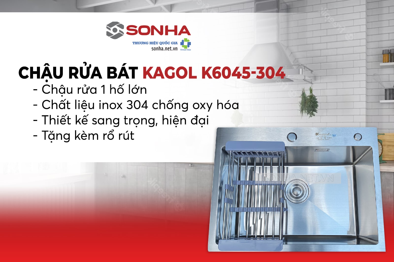 4 ưu thế nổi trội bể cọ chén inox 1 ngăn rộng lớn Kagol K6045-304