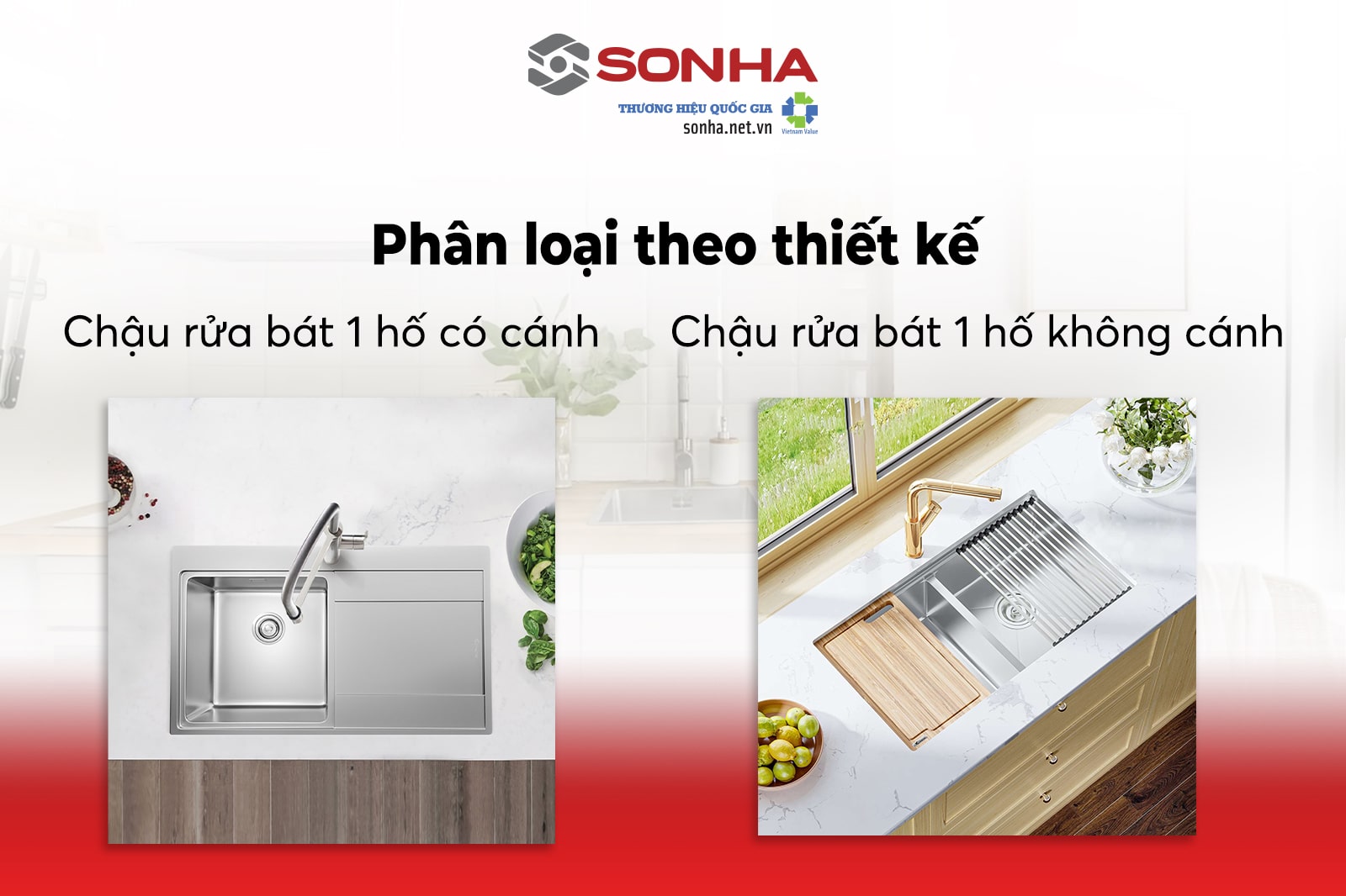 Bồn rửa đơn phân loại theo thiết kế gồm có cánh và không có cánh