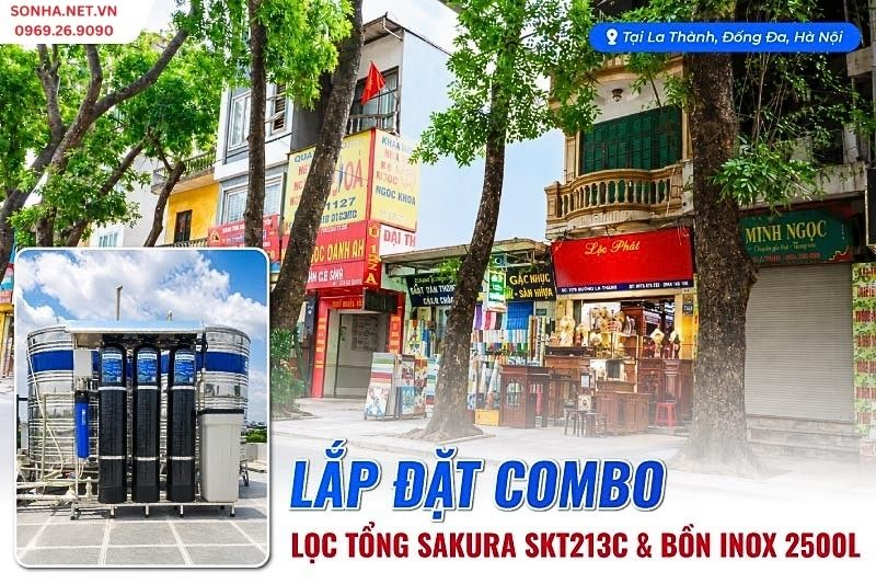 Bàn giao combo lọc tổng Sakura SKT213C và bồn inox 2500L tại La Thành, Hà Nội