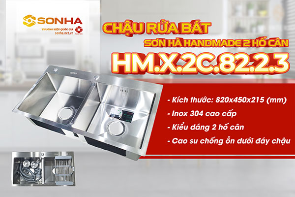 Chậu rửa bát Sơn Hà Handmade 2 hố cân HM.X.2C.82.2.3