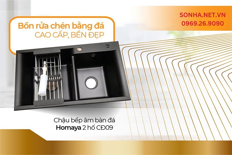 Chậu rửa bát đá Granite 2 hố Homaya CĐ09 thiết kế hiện đại, tiện ích đa năng