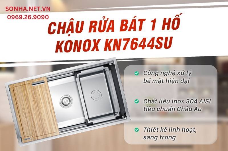 Chậu 1 hố cao cấp Konox KN7644SU thiết kế hiện đại, phụ kiện tiện ích