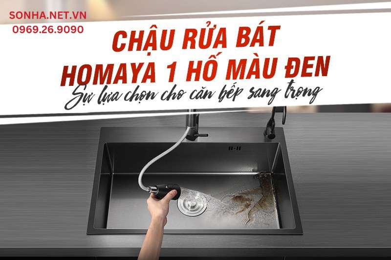 Bồn rửa chén đá 1 hố cao cấp Homaya màu đen kt 600×450 thiết kế tinh tế, sang trọng