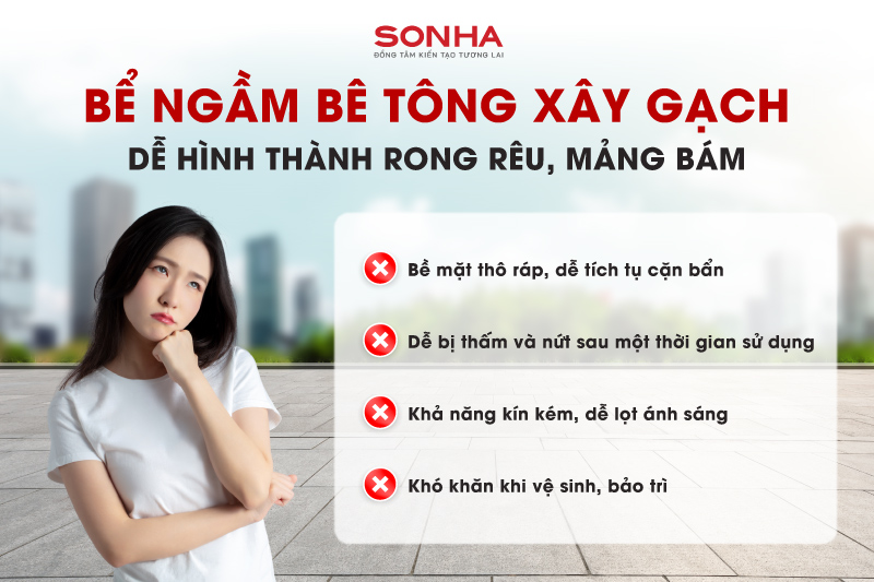 Bể ngầm bê tông xây gạch dễ xuất hiện nhiều rong rêu, cặn bẩn