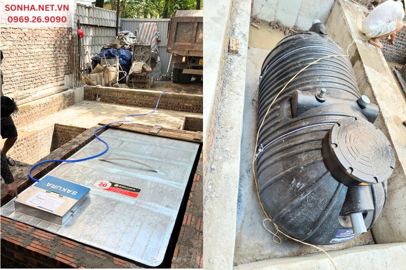 Hình ảnh combo lắp đặt thực tế cả 2 sản phẩm bể ngầm inox và bể tự hoại septic