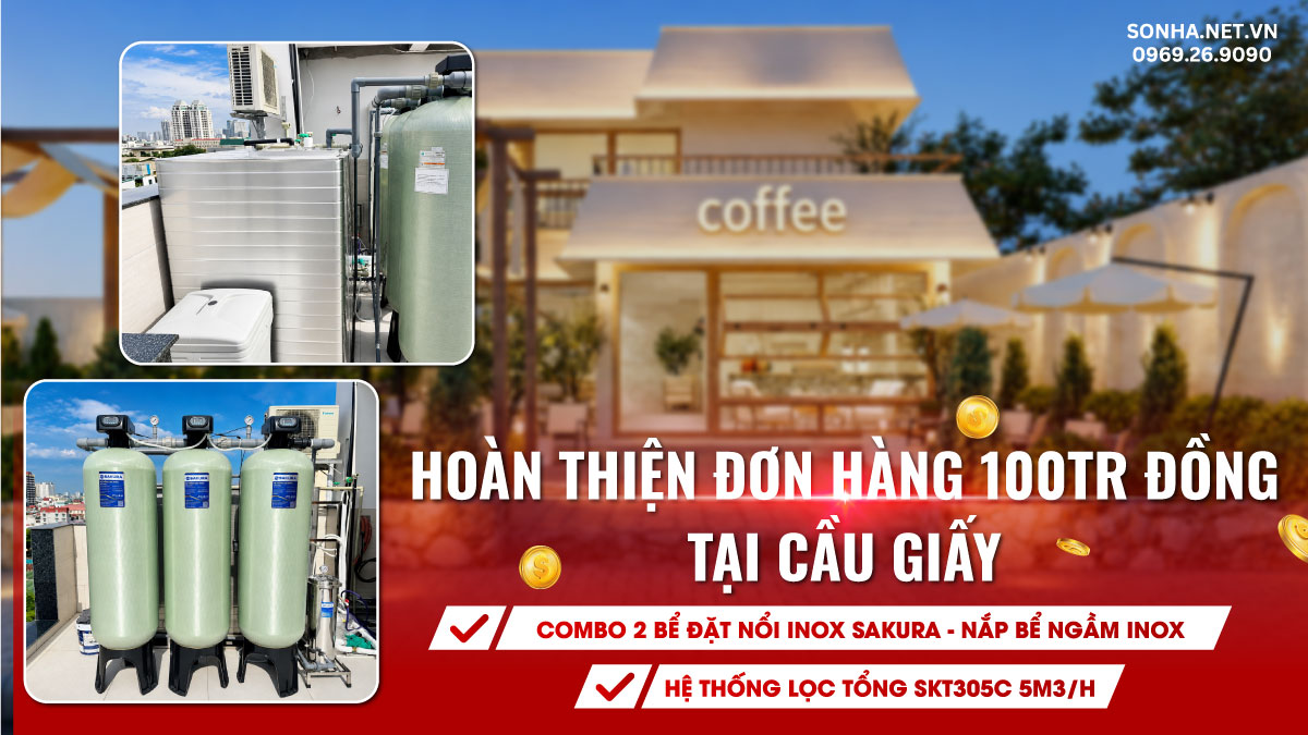 Hoàn Thiện Đơn Hàng 100TR Đồng Tại Cầu Giấy: Combo 2 Bể Đặt Nổi Inox Sakura - Nắp Bể Ngầm Inox & Hệ Thống Lọc Tổng SKT305C 5m3/h