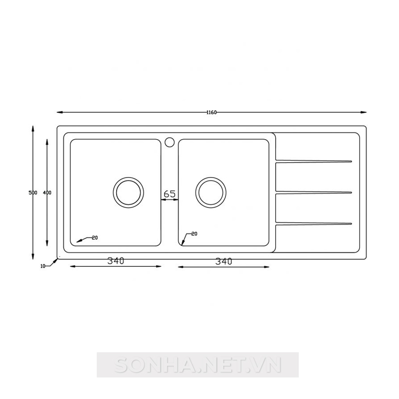 Chậu rửa bát 2 hố, có bàn chờ Konox Turkey Beta 1160 (1160x500x240mm)