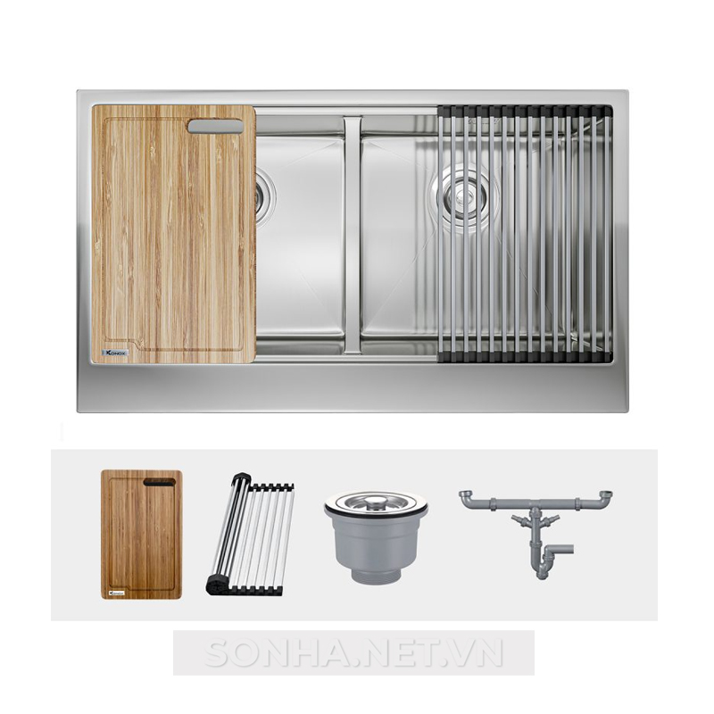 Chậu rửa bát 2 hố, hạ bậc Konox Workstation Apron Sink KN8751DA Retta