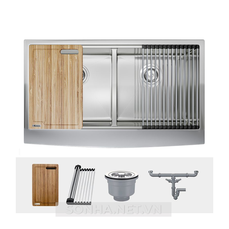 Chậu rửa bát 2 hố, hạ bậc Konox Workstation Sink – Apron Sink KN8751DA Curve