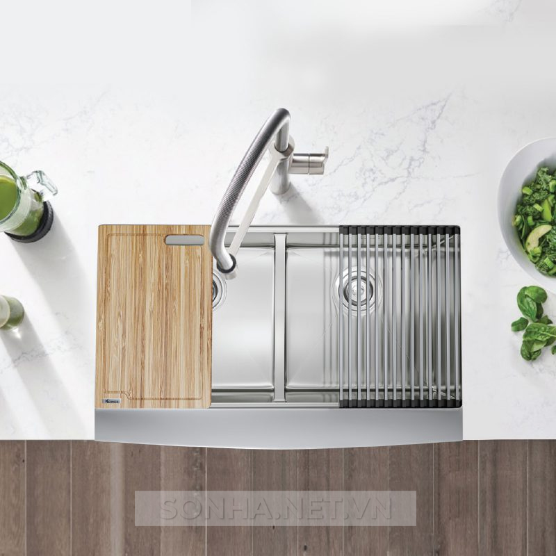 Chậu rửa bát 2 hố, hạ bậc Konox Workstation Sink – Apron Sink KN8751DA Curve