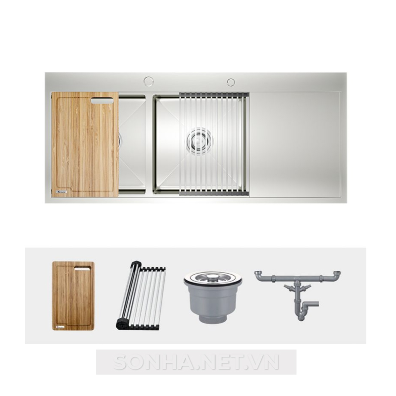 Chậu rửa bát 2 hố, hạ bậc, có bàn chờ Konox Workstation Topmount Sink KN11650TD
