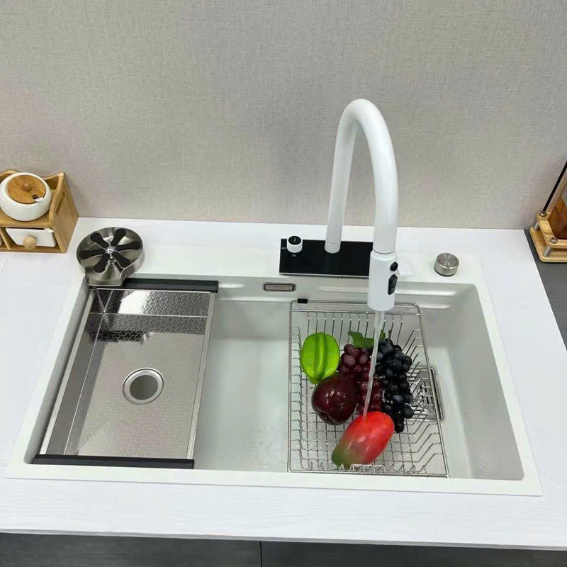 Chậu rửa bát chén inox nano trắng liền vòi KAGOL KND7545T một hố, có vòi thác  (kt:750x450x220)