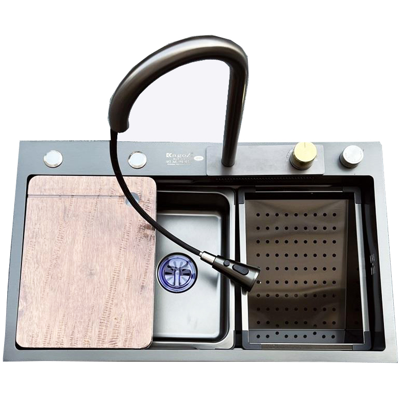 Chậu rửa bát chén inox nano kèm vòi KAGOL KNB7545T một hố, có vòi thác  (kt:750x450x220)