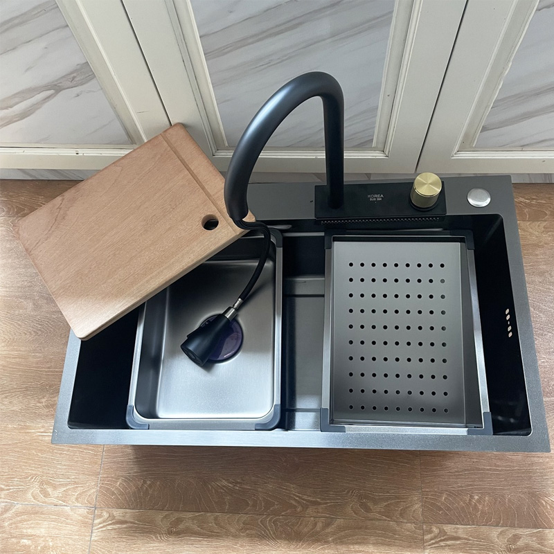 Chậu rửa bát chén inox nano kèm vòi KAGOL KNB7545T một hố, có vòi thác  (kt:750x450x220)