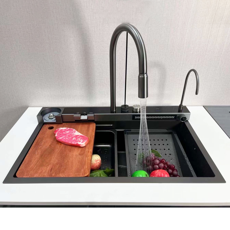 Chậu rửa bát chén inox 304 phủ nano kèm vòi KAGOL KND7546XTN một hố, một thác dàn, kèm vòi RO, 3 nút bấm (kt:750x460x220)
