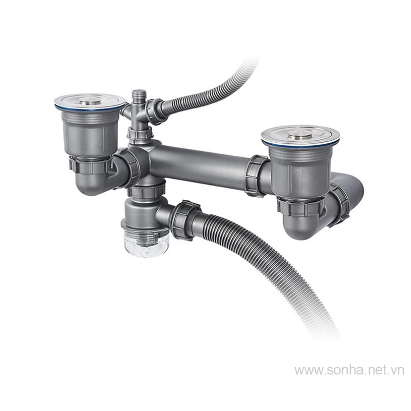 Bộ xi phông, ống xả cứng bồn rửa chén đôi cao cấp thoát nước nhanh, ngăn mùi phi 140 - 140 + đầu thoát RO + 1 xả tràn