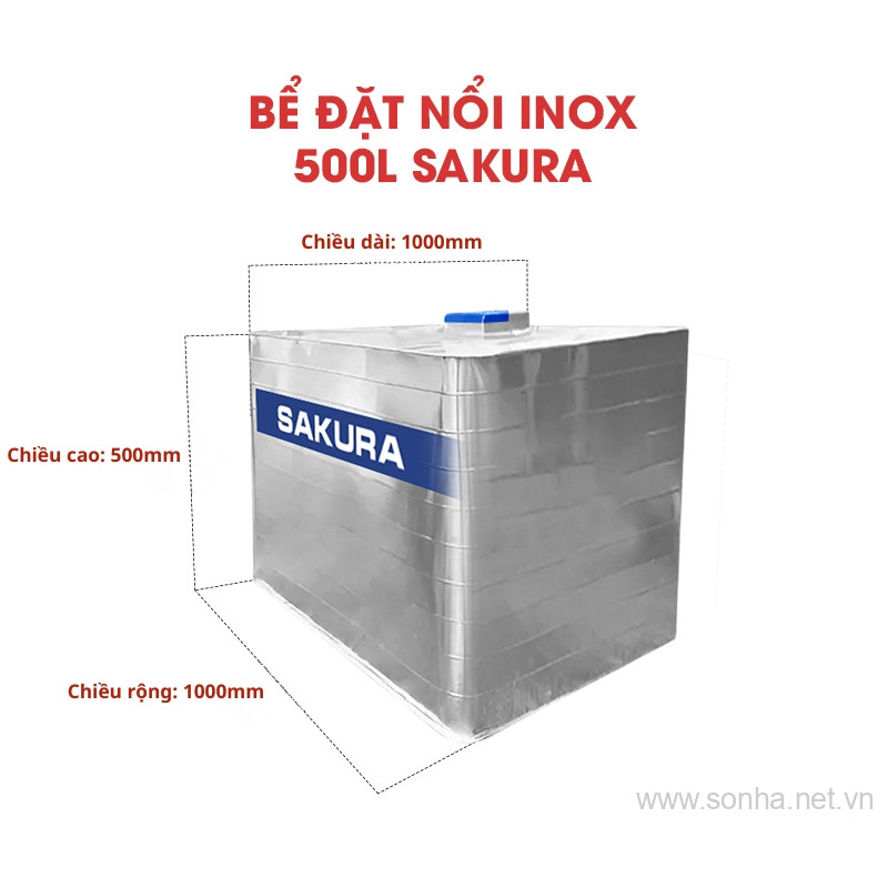 Bể Nước vuông đặt nổi inox Sakura 500L 