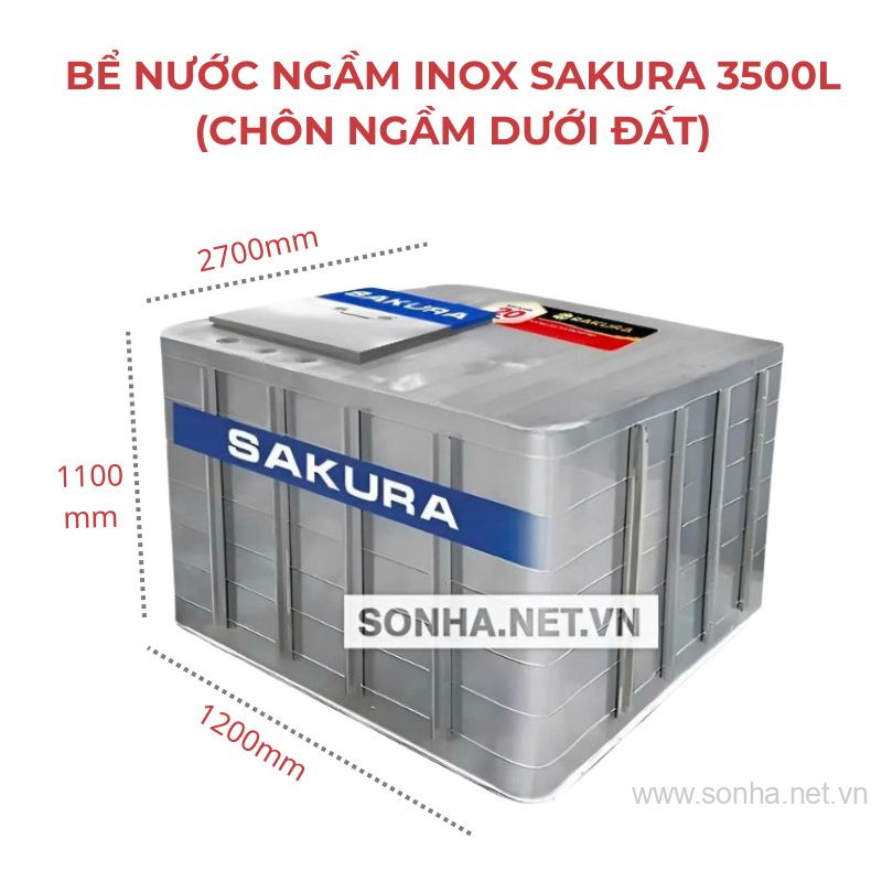Bể Nước Ngầm Inox Sakura 3500L (Chôn Ngầm Dưới Đất)