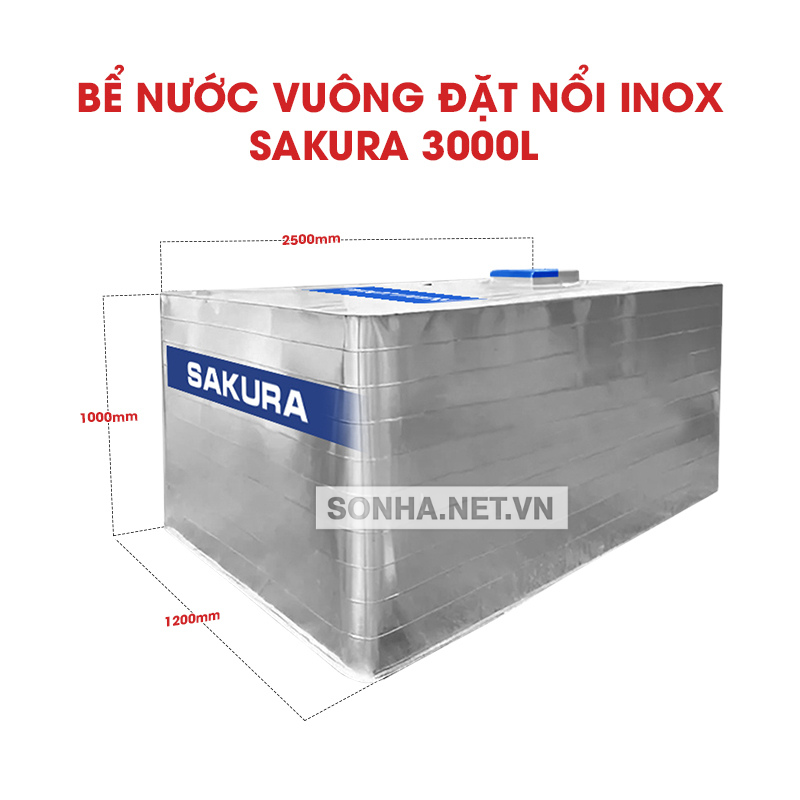 Bể Nước vuông đặt nổi inox Sakura 3000L