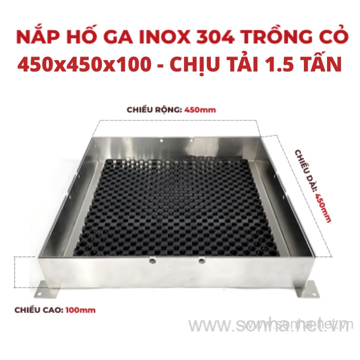 Nắp hố ga inox 304 trồng cỏ 450x450x100 - chịu tải 1.5 tấn