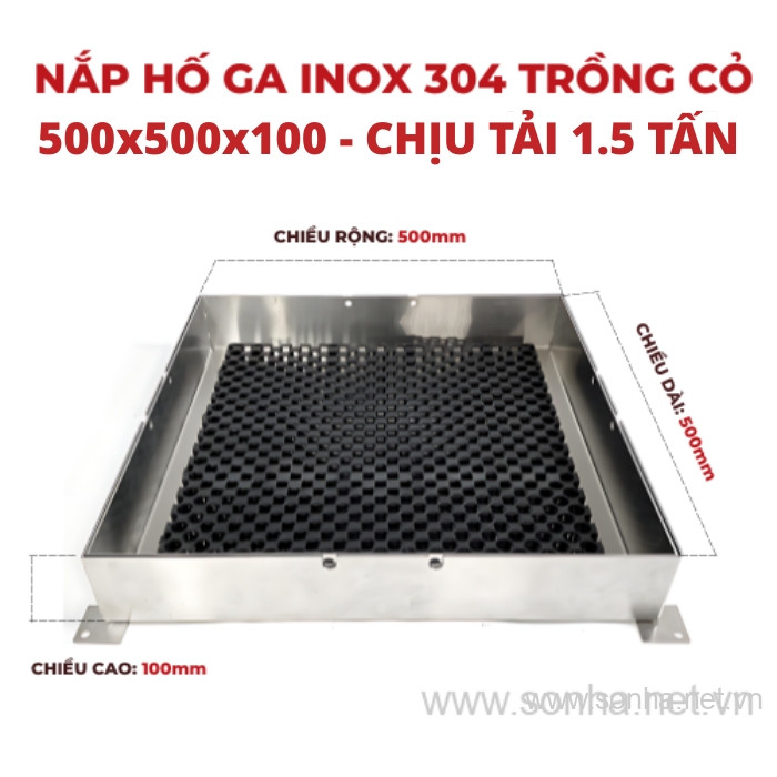Nắp hố ga inox 304 trồng cỏ 500x500x100 - chịu tải 1.5 tấn