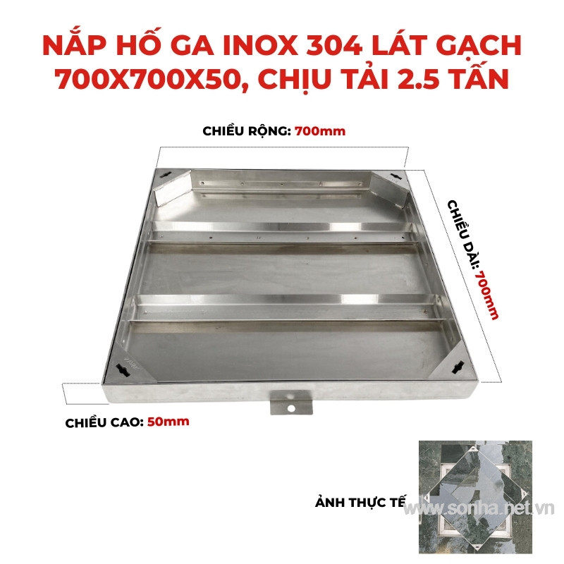 Nắp hố ga inox 304 lát gạch 700x700x50 - chịu tải 2.5 tấn