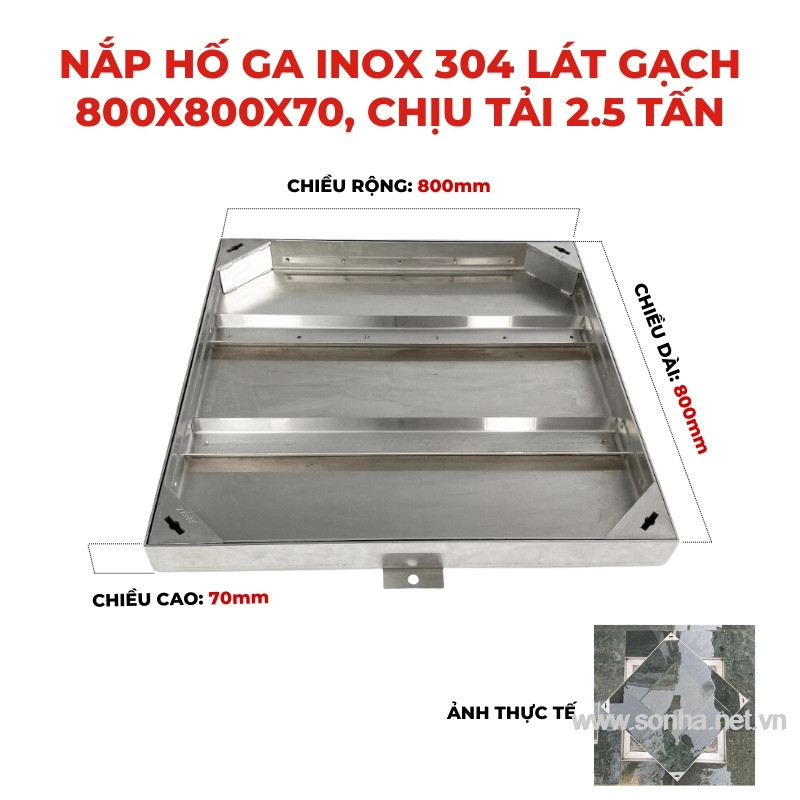Nắp hố ga inox 304 lát gạch 800x800x70 - chịu tải 2.5 tấn