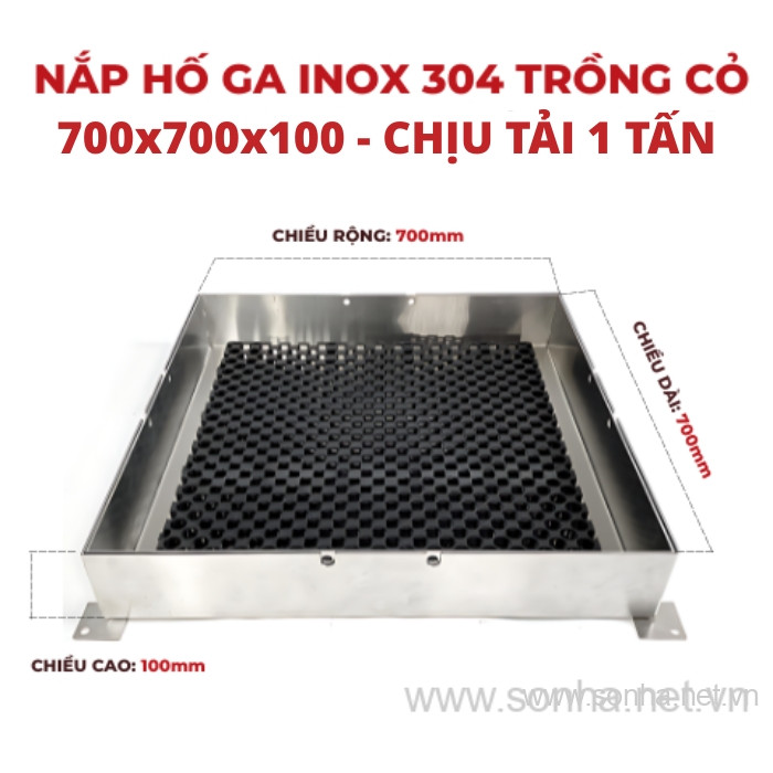Nắp hố ga inox 304 trồng cỏ 700x700x100 - chịu tải 1 tấn