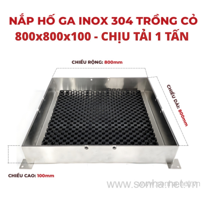 Nắp hố ga inox 304 trồng cỏ 800x800x100 - chịu tải 1 tấn