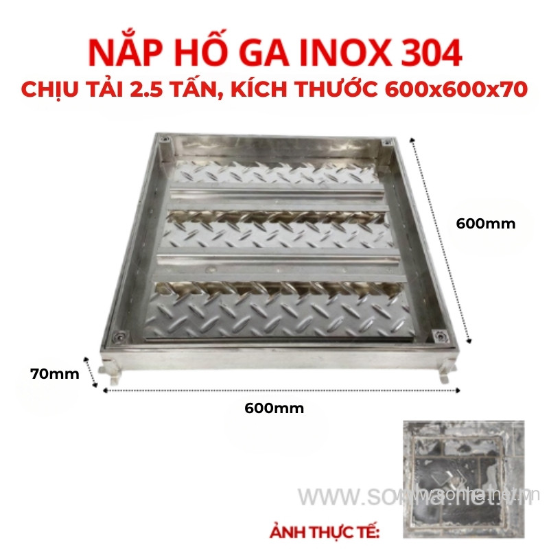 Nắp hố ga inox 304 chống nước, ngăn mùi 600x600x70 - chịu tải 2.5 tấn
