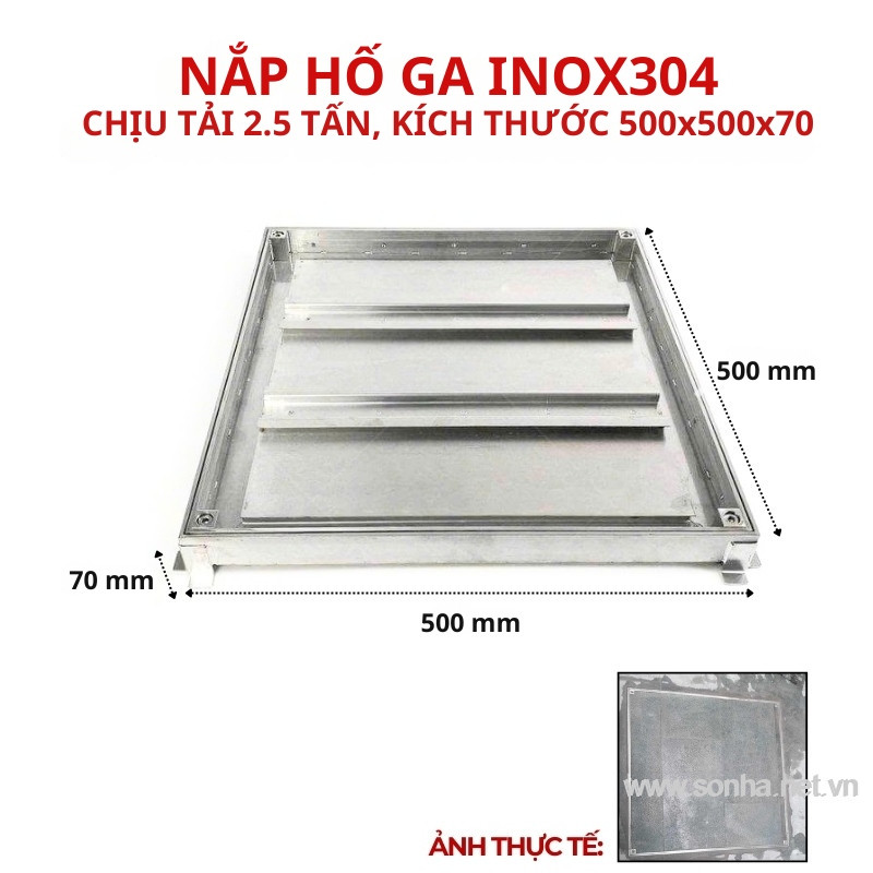 Nắp hố ga inox 304 chống nước, ngăn mùi 500x500x70 - chịu tải thấp 2.5 tấn