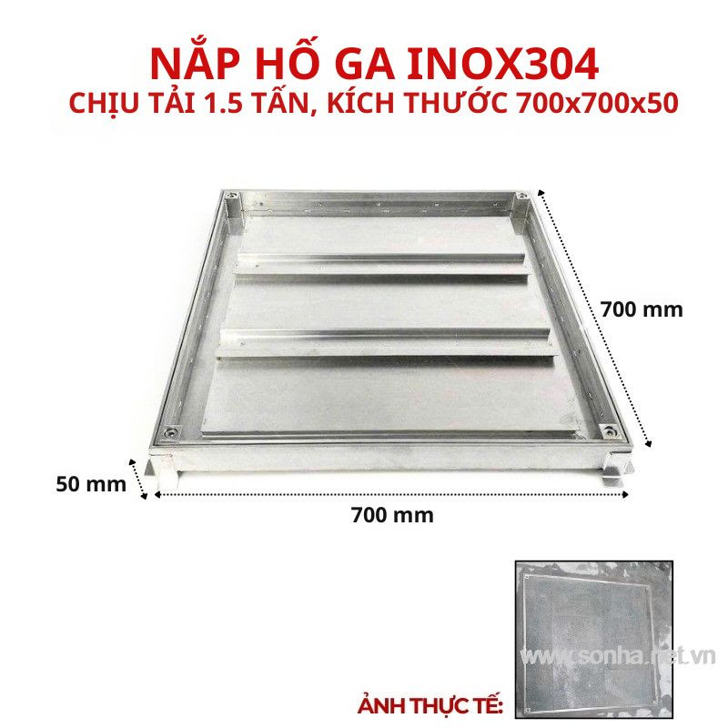 Nắp hố ga inox 304 chống nước, ngăn mùi 700x700x50 - chịu tải thấp 1.5 tấn