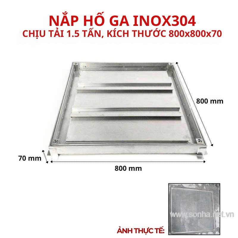 Nắp hố ga inox 304 chống nước, ngăn mùi 800x800x70 - chịu tải thấp 1.5 tấn