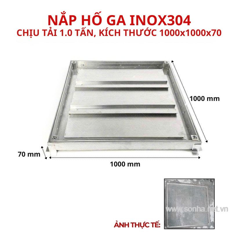 Nắp hố ga inox 304 chống nước, ngăn mùi 1000x1000x70 - chịu tải thấp 1 tấn