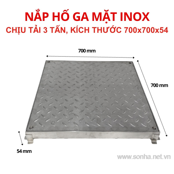 Nắp hố ga chống nước, ngăn mùi mặt inox 700x700x54 - chịu tải 3 tấn