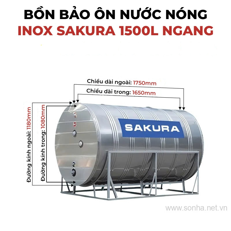 Bồn bảo ôn nước nóng inox Sakura 1500L ngang