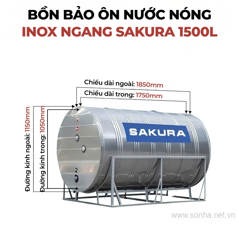 Bồn bảo ôn nước nóng inox Sakura 1500L ngang