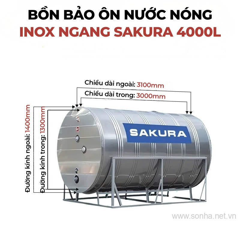 Bồn bảo ôn nước nóng inox Sakura 4000L ngang