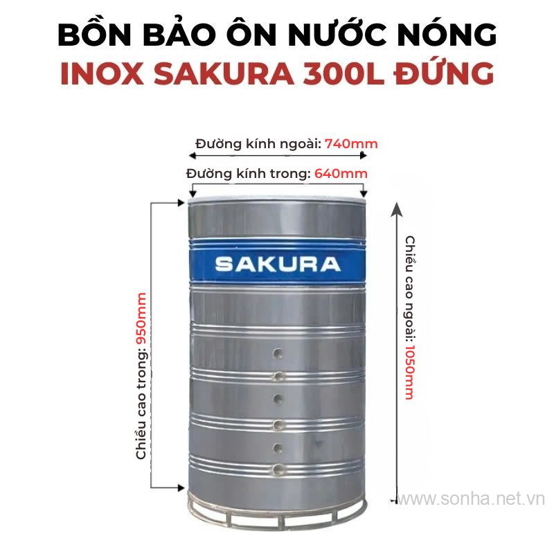 Bồn bảo ôn nước nóng inox Sakura 300L đứng