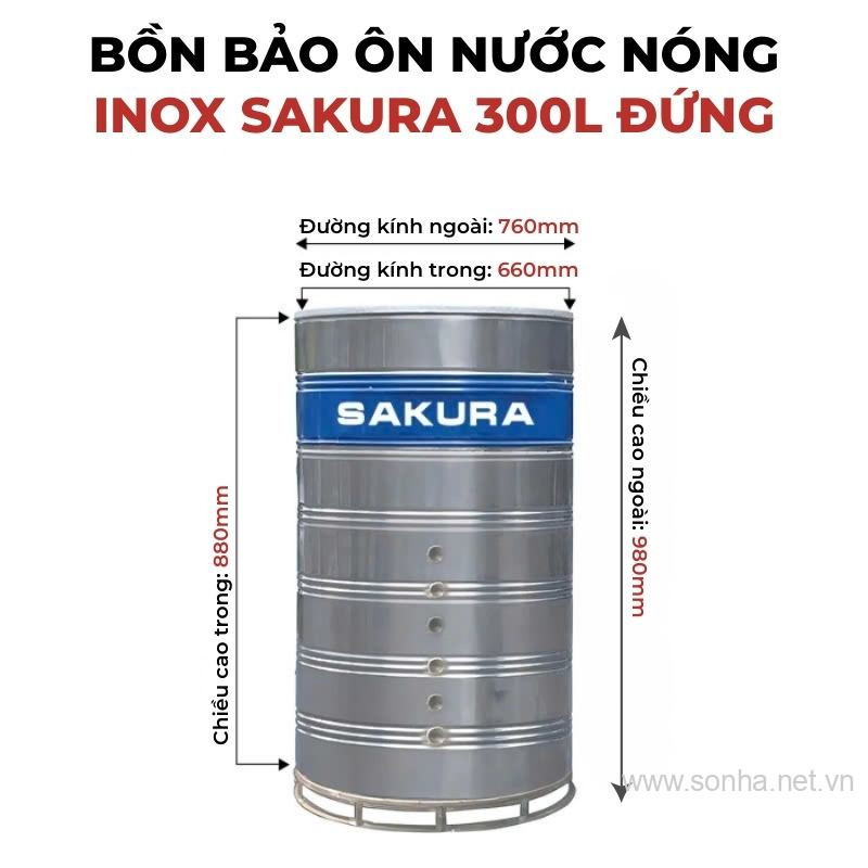 Bồn bảo ôn nước nóng inox Sakura 300L đứng
