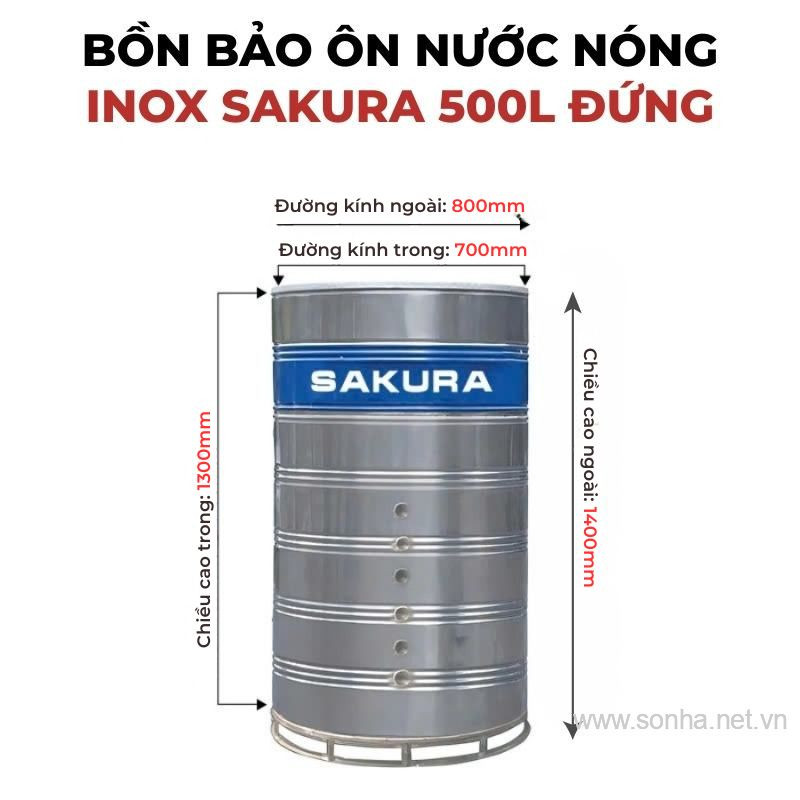 Bồn bảo ôn nước nóng inox Sakura 500L đứng