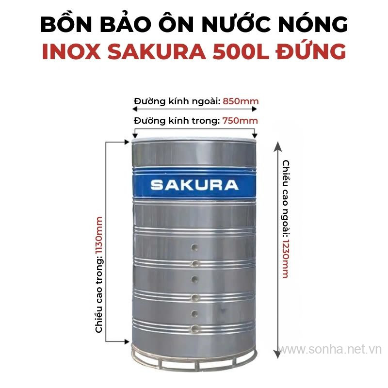 Bồn bảo ôn nước nóng inox Sakura 500L đứng