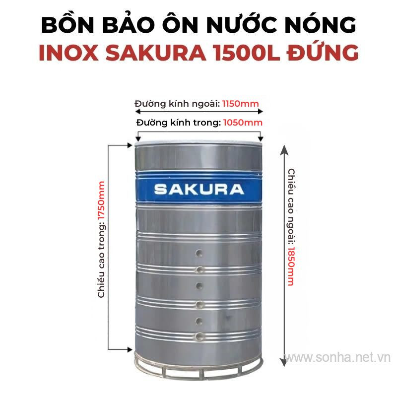 Bồn bảo ôn nước nóng inox Sakura 1500L đứng