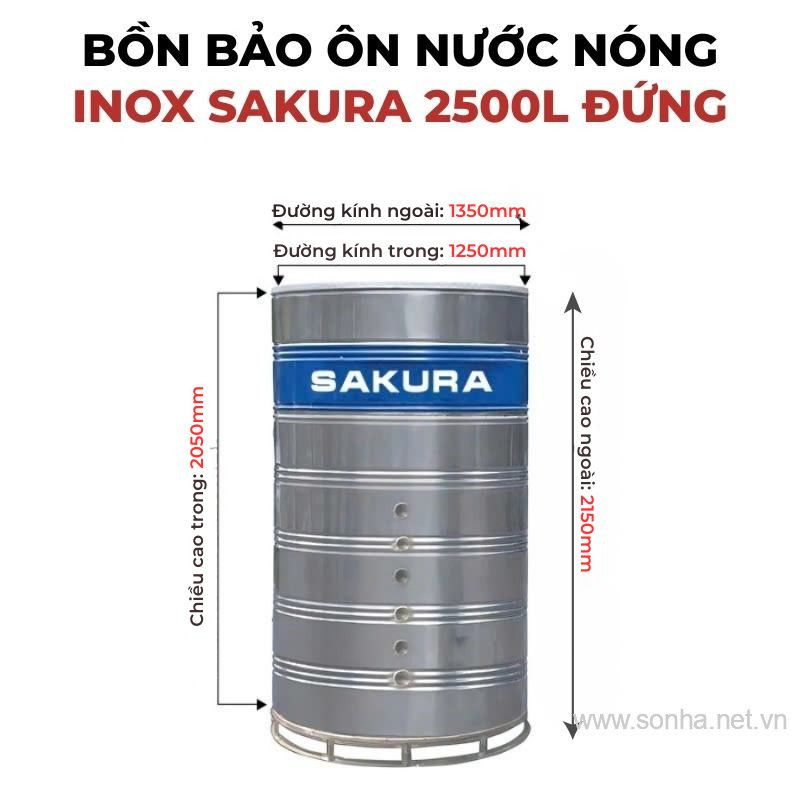 Bồn bảo ôn nước nóng inox Sakura 2500L đứng