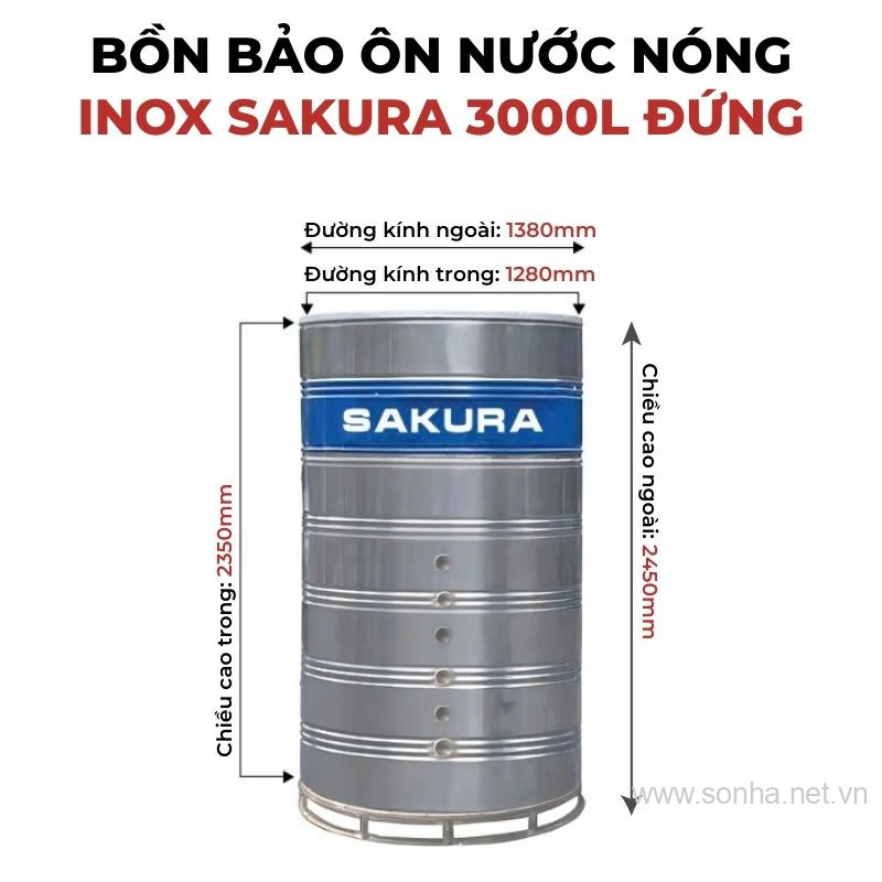 Bồn bảo ôn nước nóng inox Sakura 3000L đứng