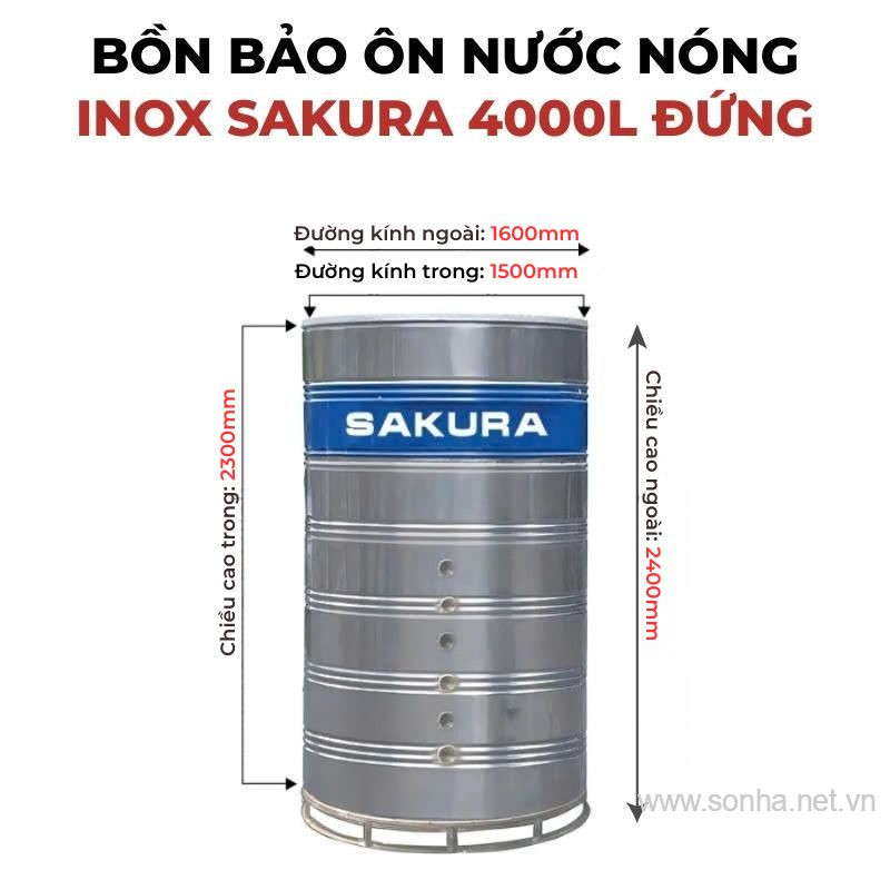 Bồn bảo ôn nước nóng inox Sakura 4000L đứng