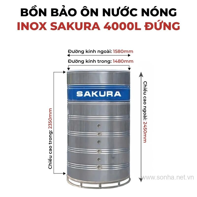 Bồn bảo ôn nước nóng inox Sakura 4000L đứng